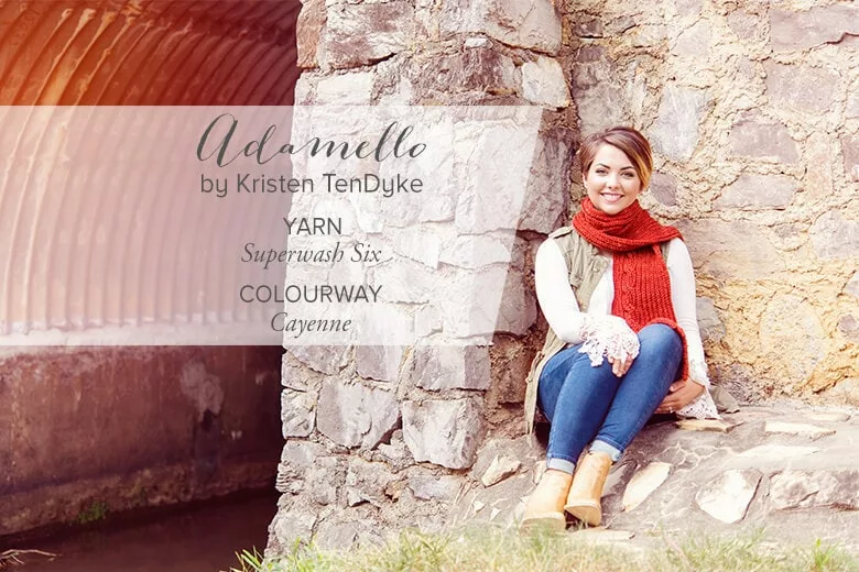 Adamello by Kristen TenDyke. Fall with SweetGeorgia. Scarf brioche knitting pattern.