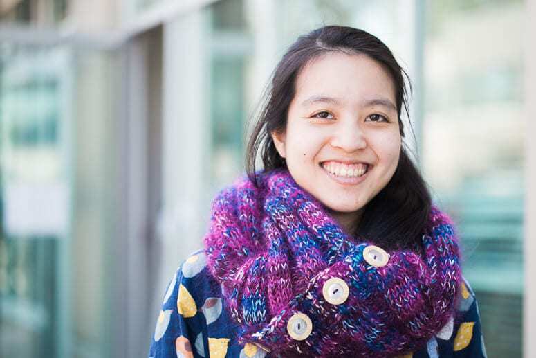 Five by Five Cowl designed by Felicia Lo, knit by Charlotte Lee using SweetGeorgia Club Colourway “Unicorn Frap"