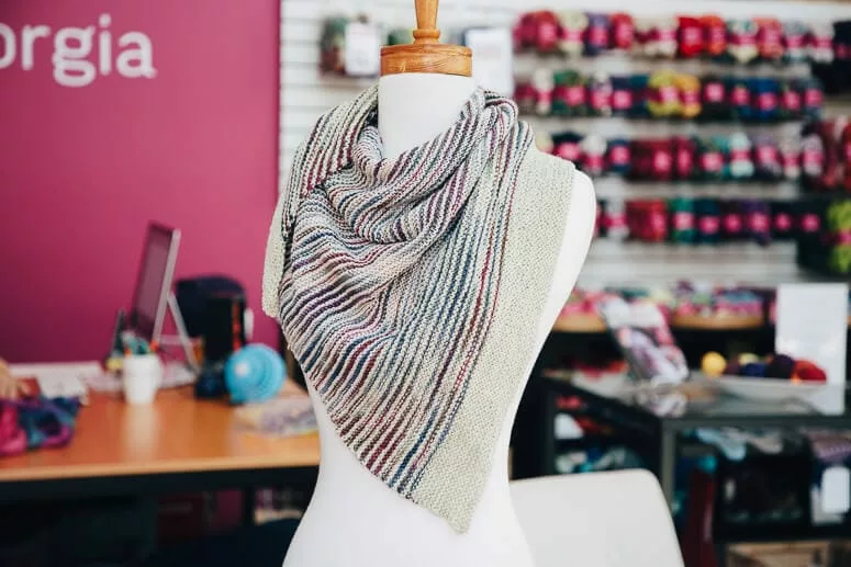 Drea's Shawl designed by Craig Rosenfeld, knit by Charlotte Lee using SweetGeorgia Club Colourway "Glamping" and Birch and Laurel