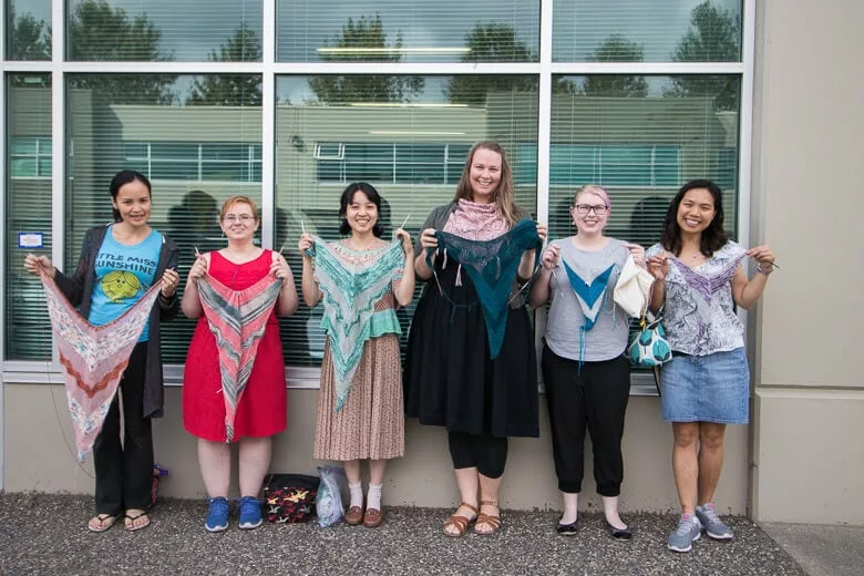 From Left to Right: Teresa, Misty, Charlotte, Brigid, Leah, and Yammie with their Birds of a Feather shawls in progress