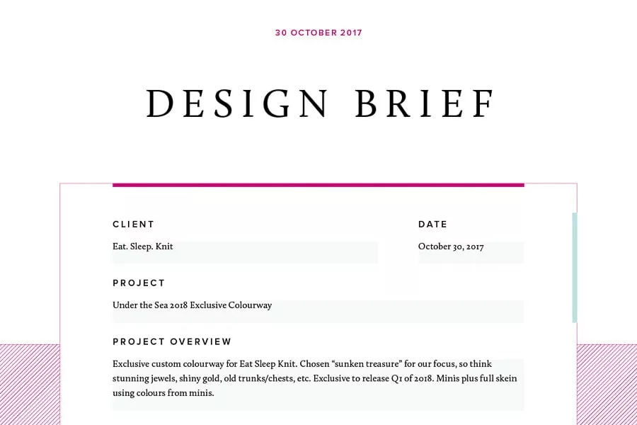 Part of the Creative Brief we used for the Eat Sleep Knit custom colourway project