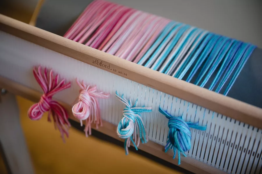 Ashford Sample It 16" loom with SweetGeorgia Party of Five in Escape