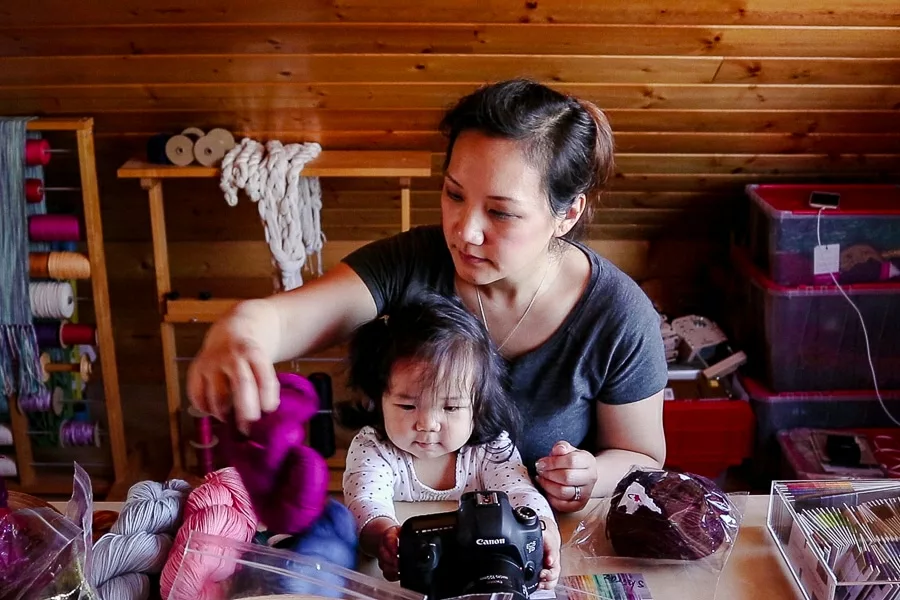 In the attic with baby Nina, preparing for video filming