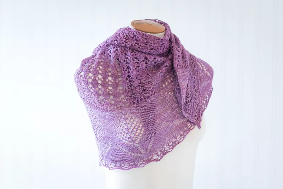 modeled shot of Evening Fields lace shawl knitting pattern