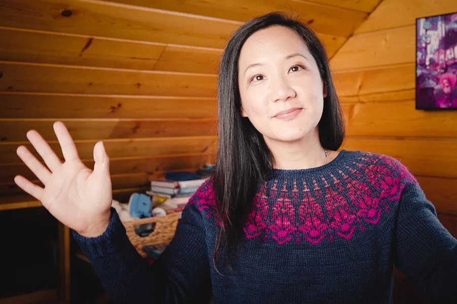 Chauncey Pullover knit in SweetGeorgia Tough Love Sock and Party of Five