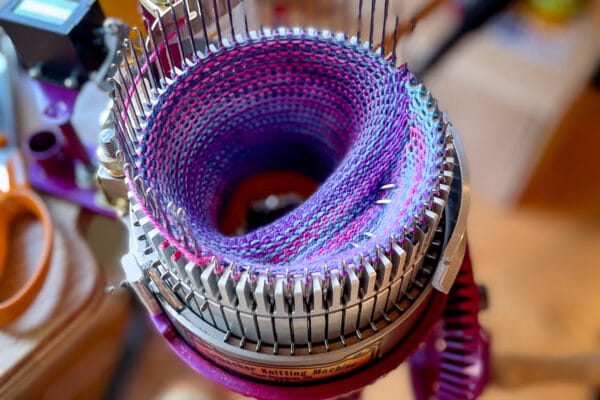 Erlbacher circular sock knitting machine with SweetGeorgia yarn