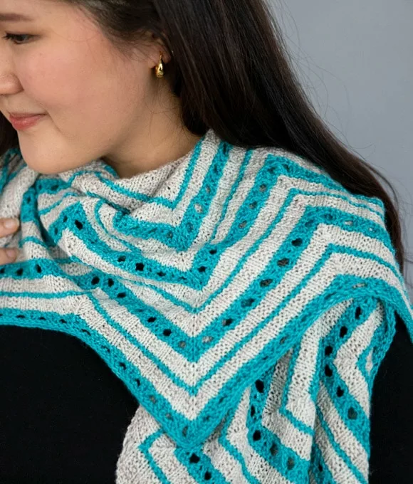 Rivan shawl knitting pattern by Emily Wood knit in SweetGeorgia yarns in Glacier and Birch