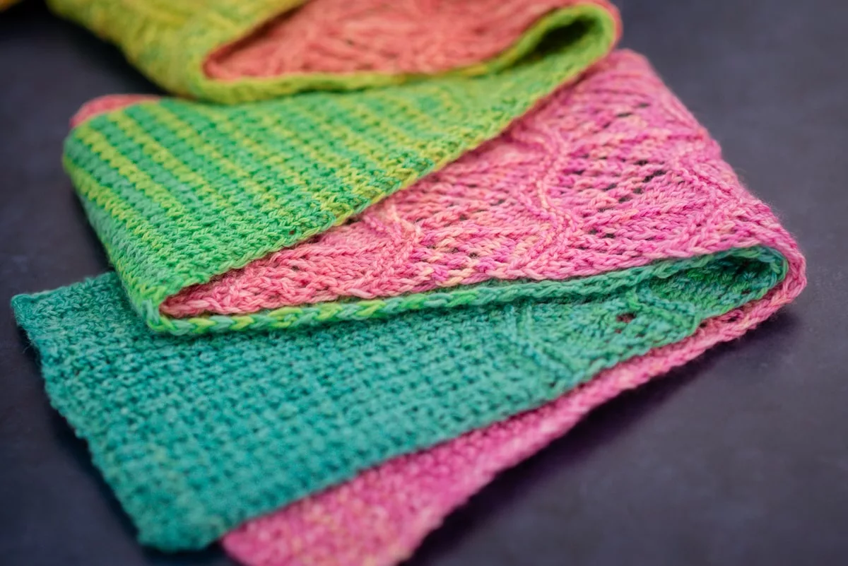 summery Marella scarf in Salt Water Taffy sock blank (with pink, blue, and yellow colours)