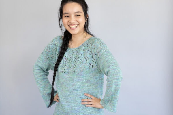 Follow the Tide knitting pattern by Tabetha Hedrick with lace yoke details