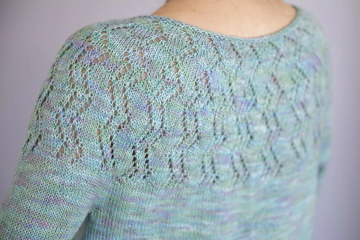 Follow the Tide knitting pattern by Tabetha Hedrick with lace yoke details