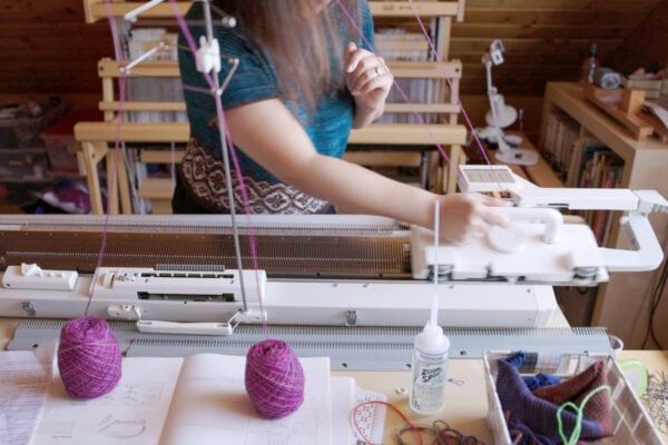 Machine knitting the Navelli sweater with hand-dyed SweetGeorgia yarns