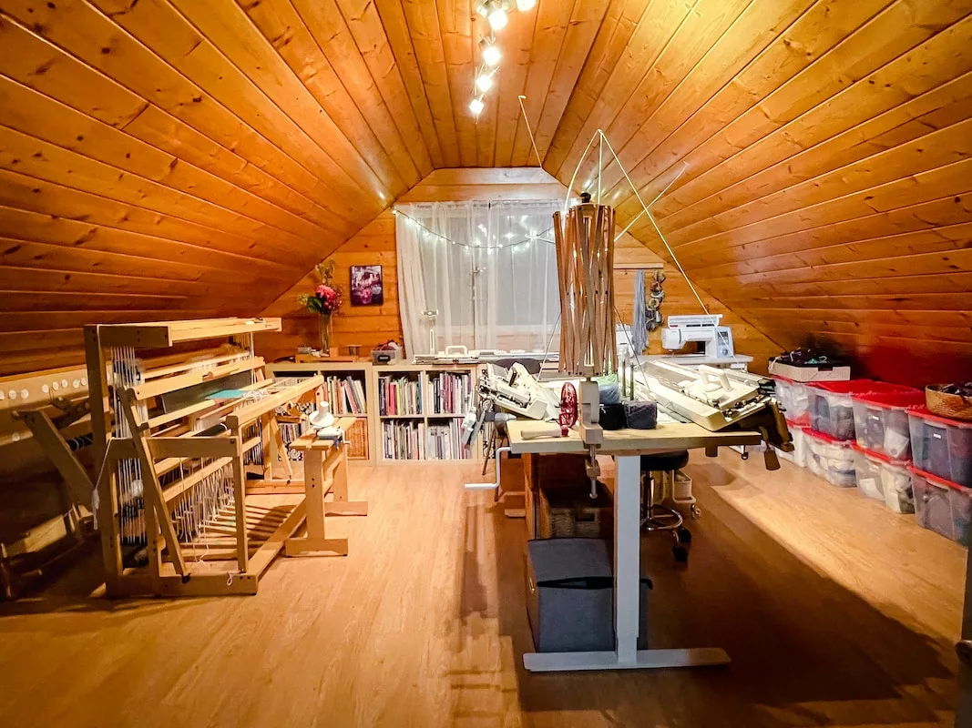 Felicia Lo Wong of SweetGeorgia Yarns in her craft room