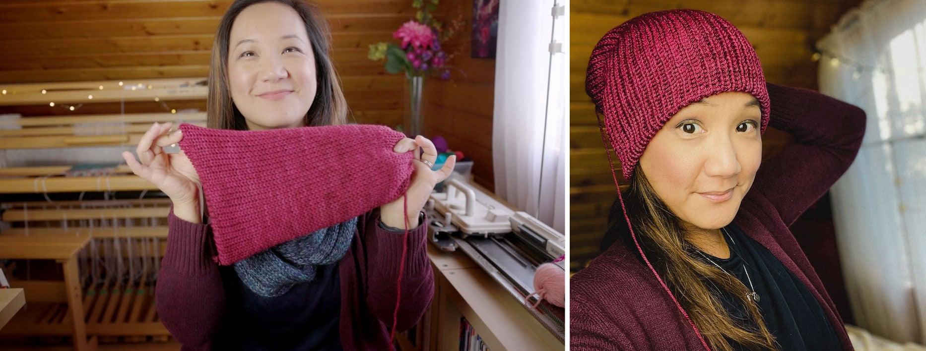 Felicia Lo's knit hat in hand-dyed SweetGeorgia yarn made on the Sentro knitting machine