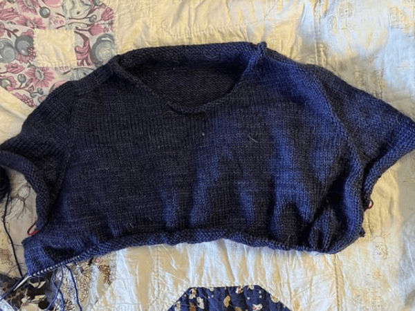 Last few hours of the February Hold-Along - half-knit blue raglan sweater