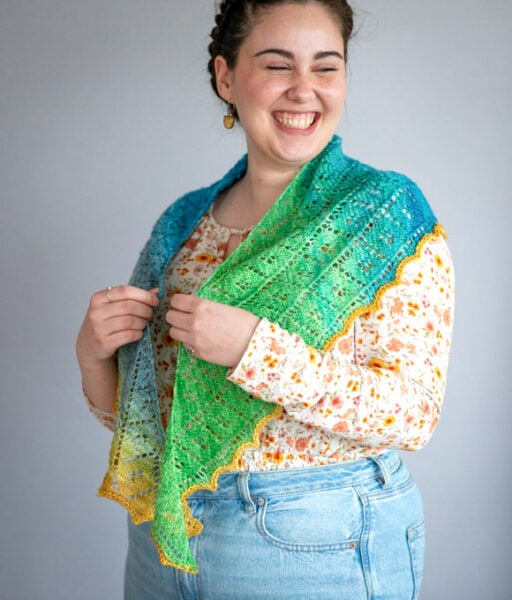 Wild Orange shawl knitting pattern by Tabetha Hedrick knit in SweetGeorgia hand dyed sock blank Carrot Thief