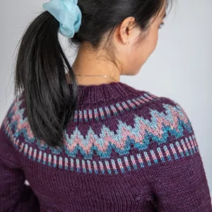 Back of knit colourwork yoke in The Throwover sweater shown in hand-dyed SweetGeorgia yarn