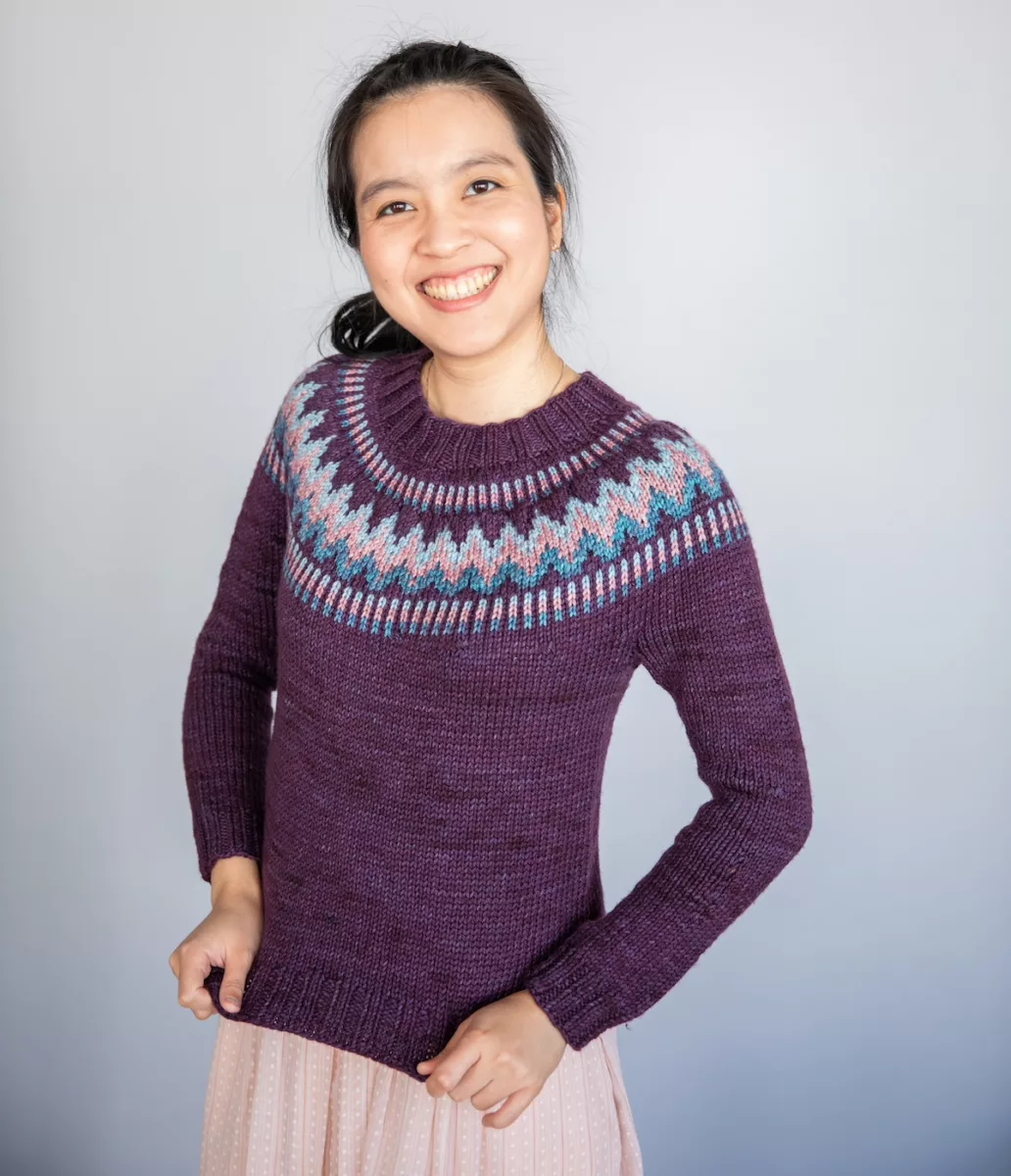 Colourwork yoke knit The Throwover sweater design by Andrea Mowry in hand-dyed SweetGeorgia yarn