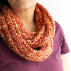 Five by Five cowl knitting project using SweetGeorgia Double Dragon colourway