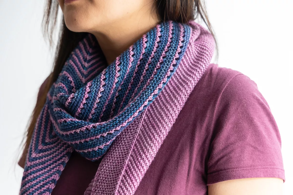 Kiowa shawl knit using Winter's End SweetGeorgia Club colourway