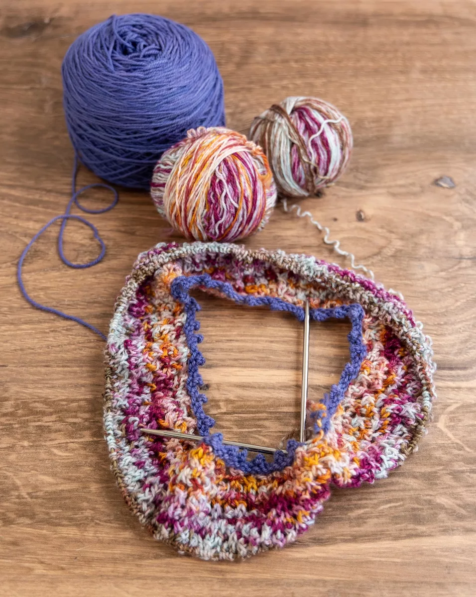 Wylene knitting pattern yoke in Sakura Season double sock blank and Lavender Tough Love Sock