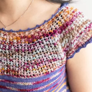 Wylene top knitting pattern knit in Sakura Season double sock blank and Lavender Tough Love Sock