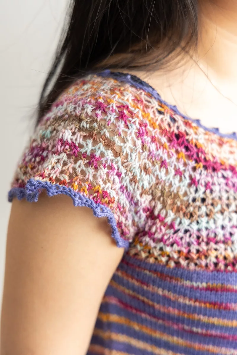 Wylene top knitting pattern knit in Sakura Season double sock blank and Lavender Tough Love Sock