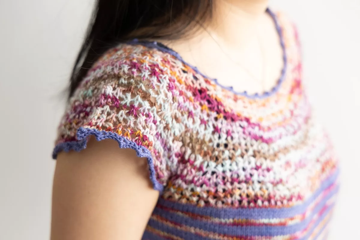 Wylene top knitting pattern knit in Sakura Season double sock blank and Lavender Tough Love Sock