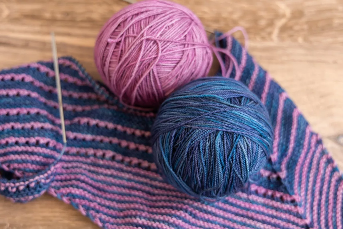 Kiowa shawl knit in-progress using Winter's End SweetGeorgia Club colourway