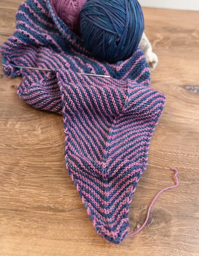 Kiowa shawl knit in-progress using Winter's End SweetGeorgia Club colourway