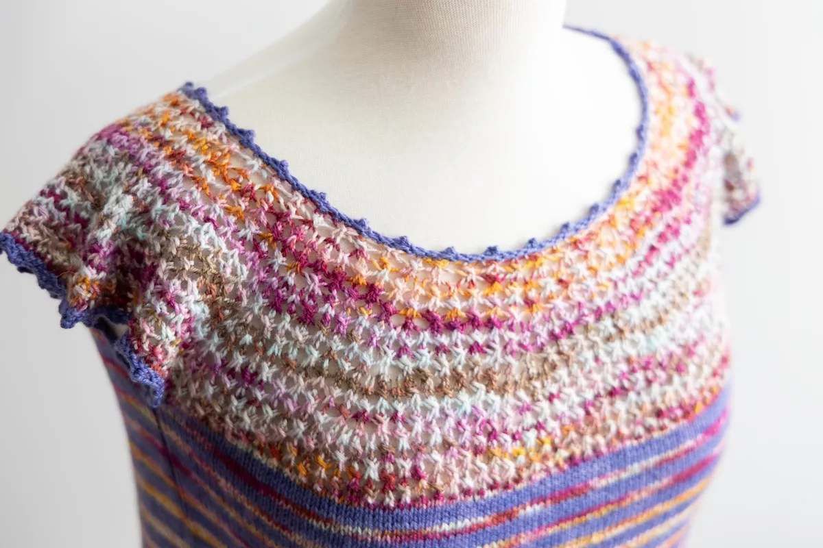 Wylene top knitting pattern knit in Sakura Season double sock blank and Lavender Tough Love Sock