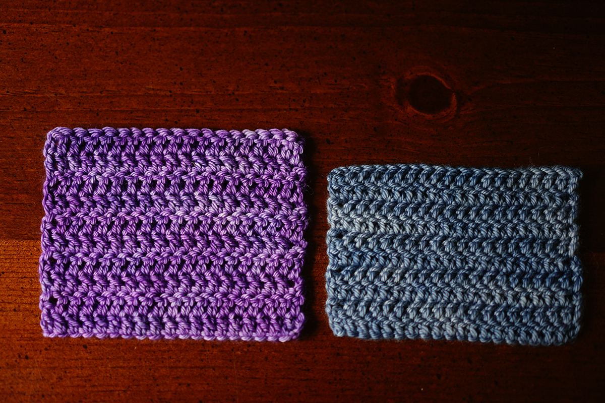Two crochet swatches showing the difference in both size and stitch slant direction