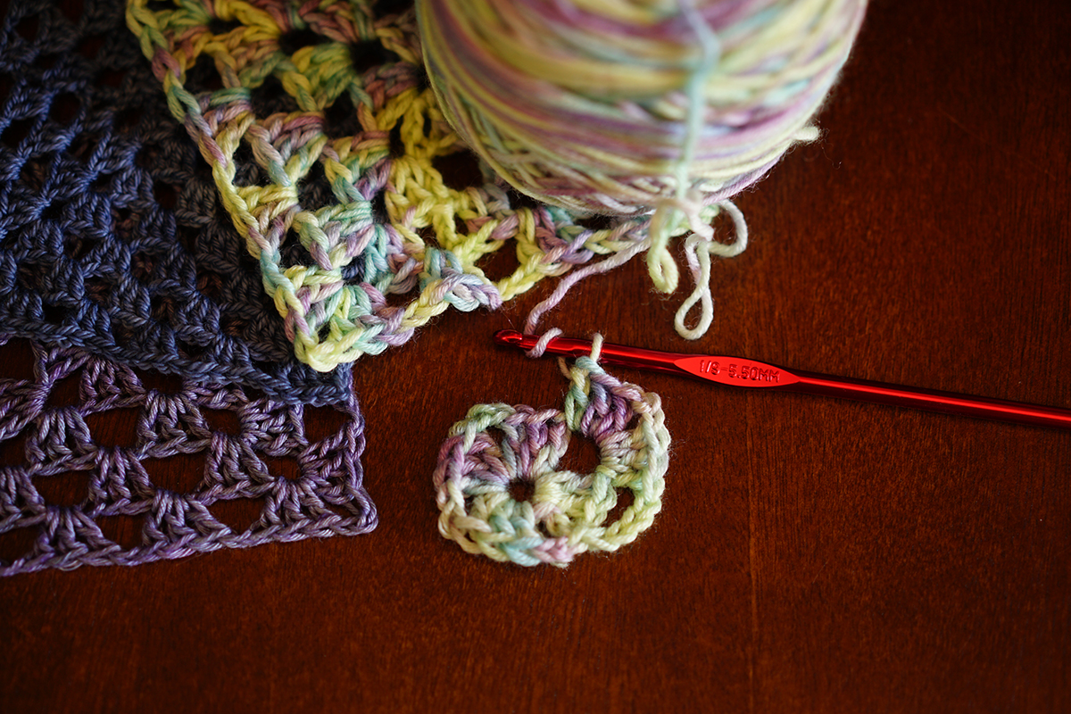 The start of a crocheted granny square