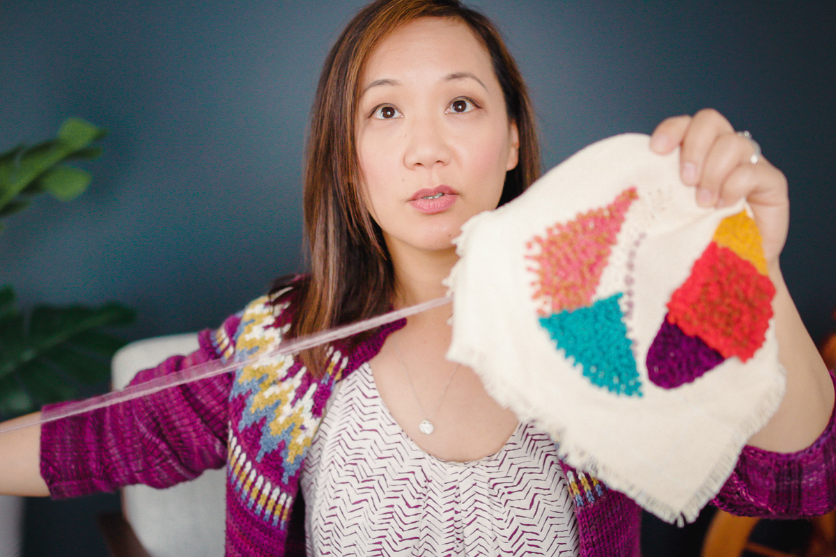 June 2021. Felicia filming a punch needle episode for Taking Back Friday on our YouTube channel.
