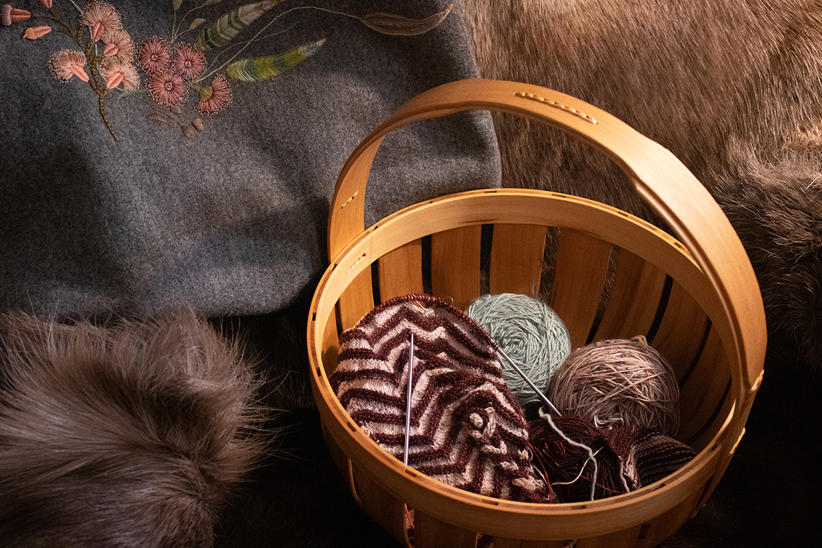 Amanda’s knitting project in a basket