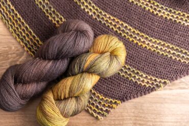 Lagom shawl knit in SweetGeorgia Trifecta Fine in Haystacks and BFL+Silk Fine in Hickory Smoke