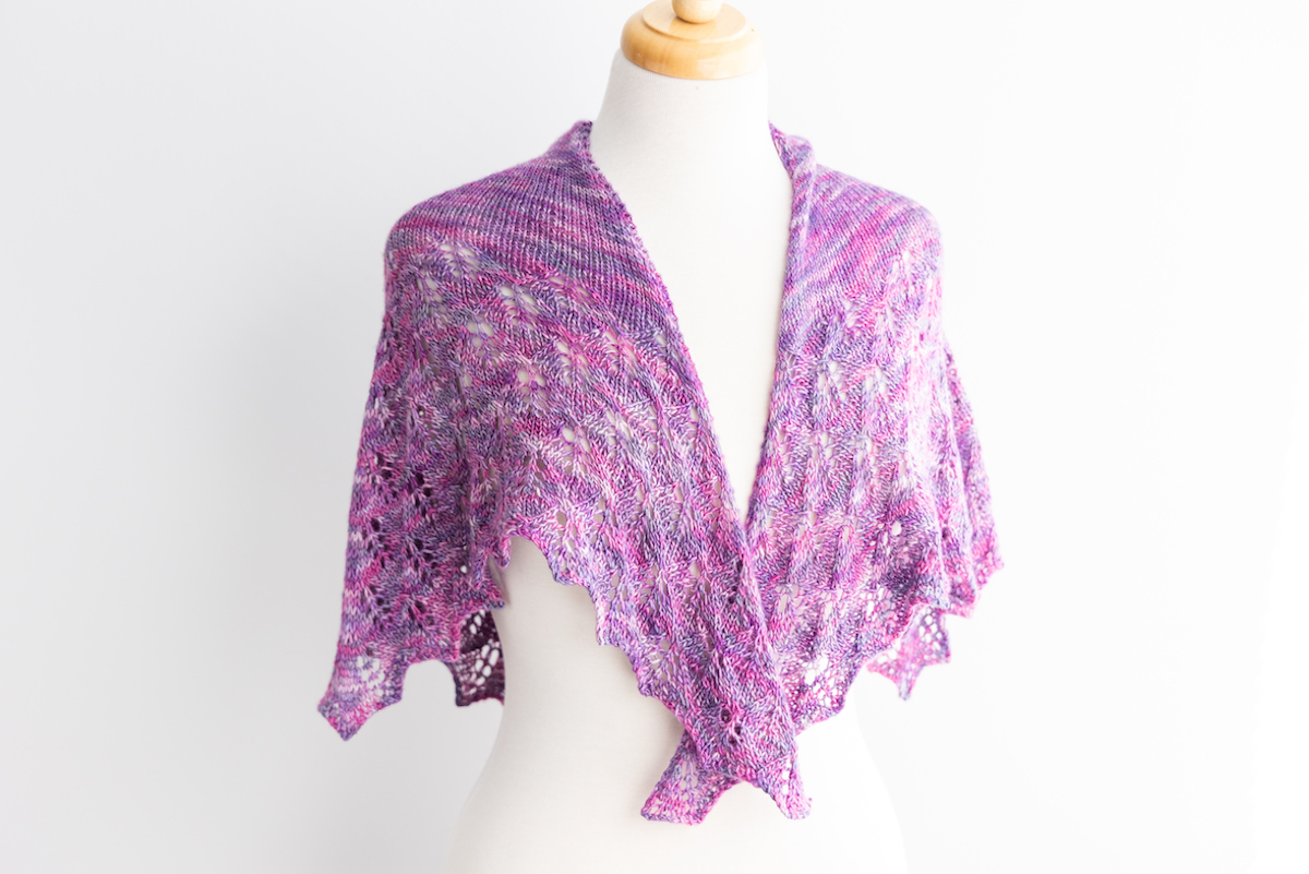 Lilac Leaves shawl lace pattern knit in Amethyst Magic CashSilk Solo yarn