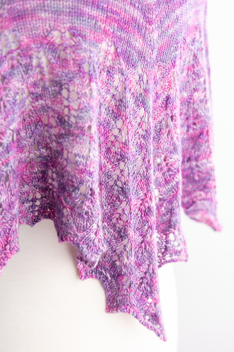 Lilac Leaves shawl close up knit in Amethyst Magic CashSilk Solo yarn