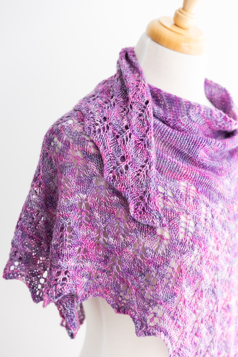 Lilac Leaves shawl close up knit in Amethyst Magic CashSilk Solo yarn