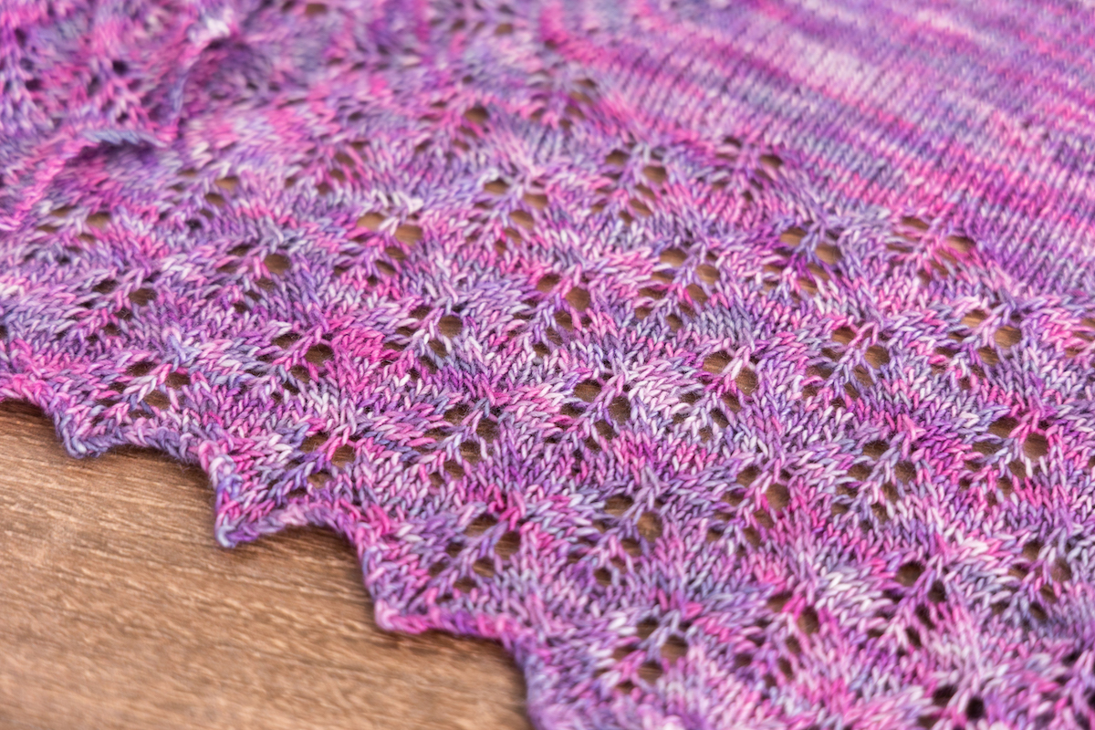 Lilac Leaves shawl close up knit in Amethyst Magic CashSilk Solo yarn