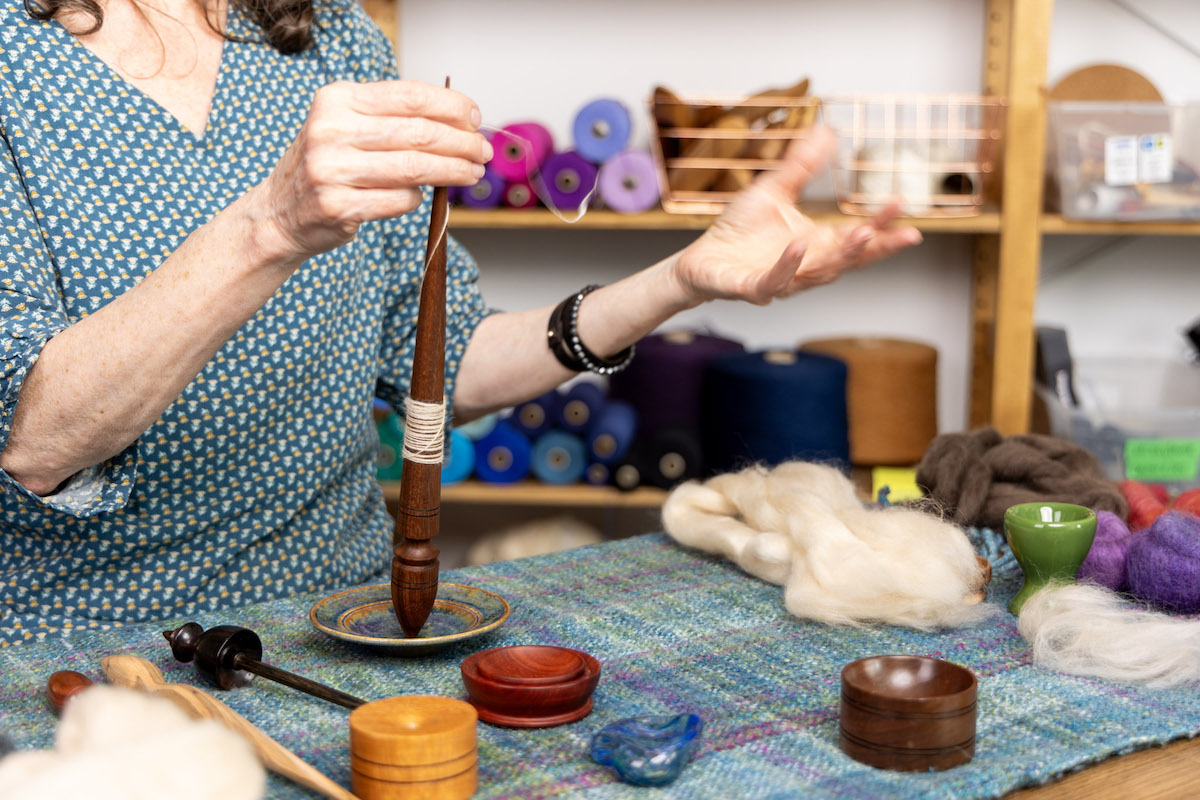 Diana Twiss Next-Level Spindle Spinning Course filming at the School of SweetGeorgia