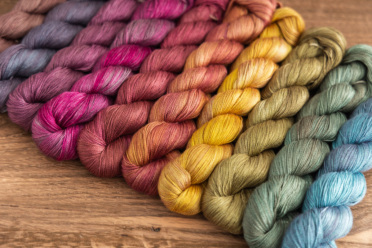 SweetGeorgia Mulberry Silk 20/2 yarn base in Elixir Colour Collection colourways