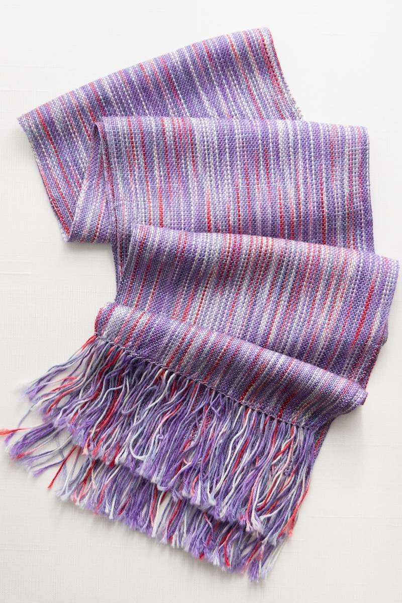 Rigid heddle handwoven scarf in SweetGeorgia Secret Stash Club Lizzy Line