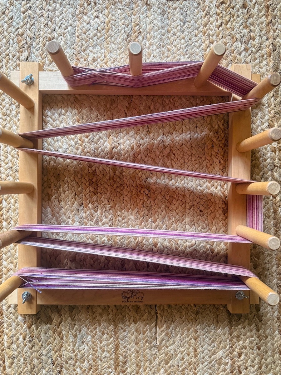 Warping board ready to dress on the loom for the Winterful Weave-Along 2024