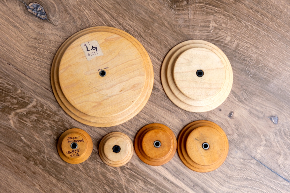 A selection of whorls available to the Schacht Matchless spinning wheel. 