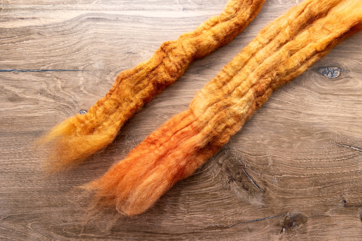A strip of fibre that is whipped and one that is still compacted.