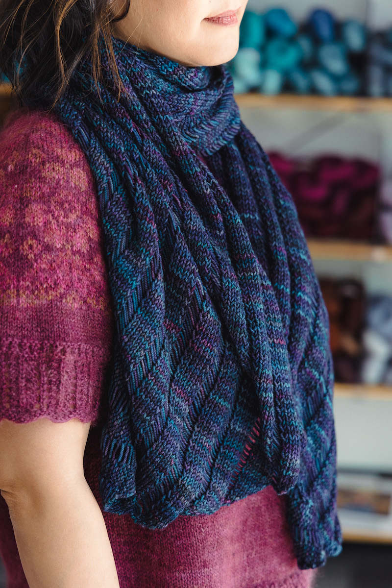 Clapotis knit shawl sample in SweetGeorgia Superwash DK Atlantis