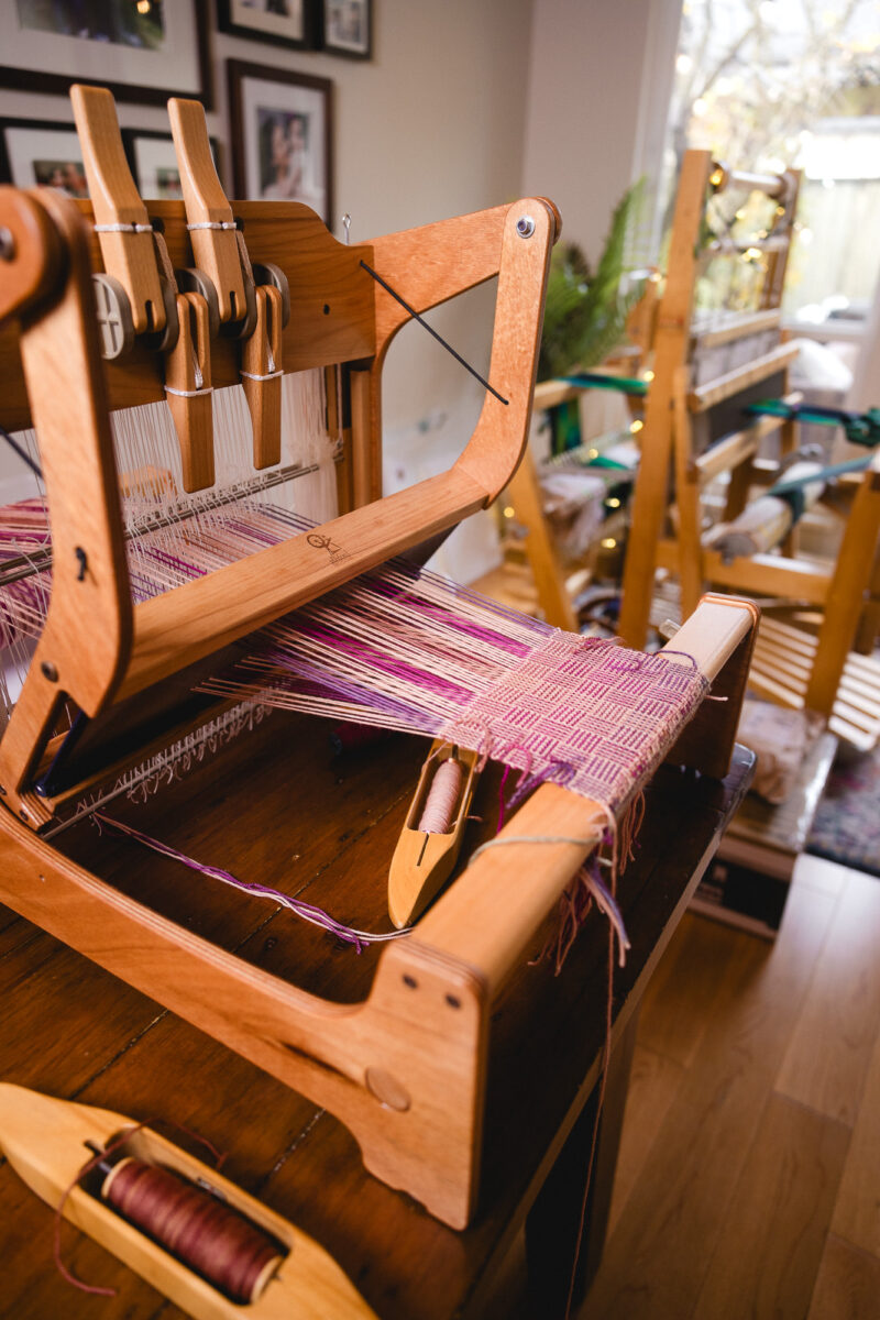 The Ashford Brooklyn loom warped with the Kaleidoscope scarf, the featured pattern for the Winterful Weave-Along.