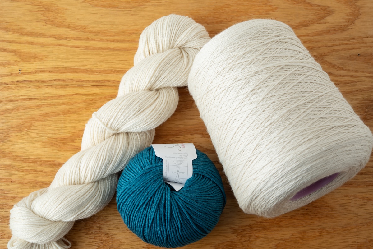 Yarn comes in various put-ups: (left to right) skein, ball, and cone. 