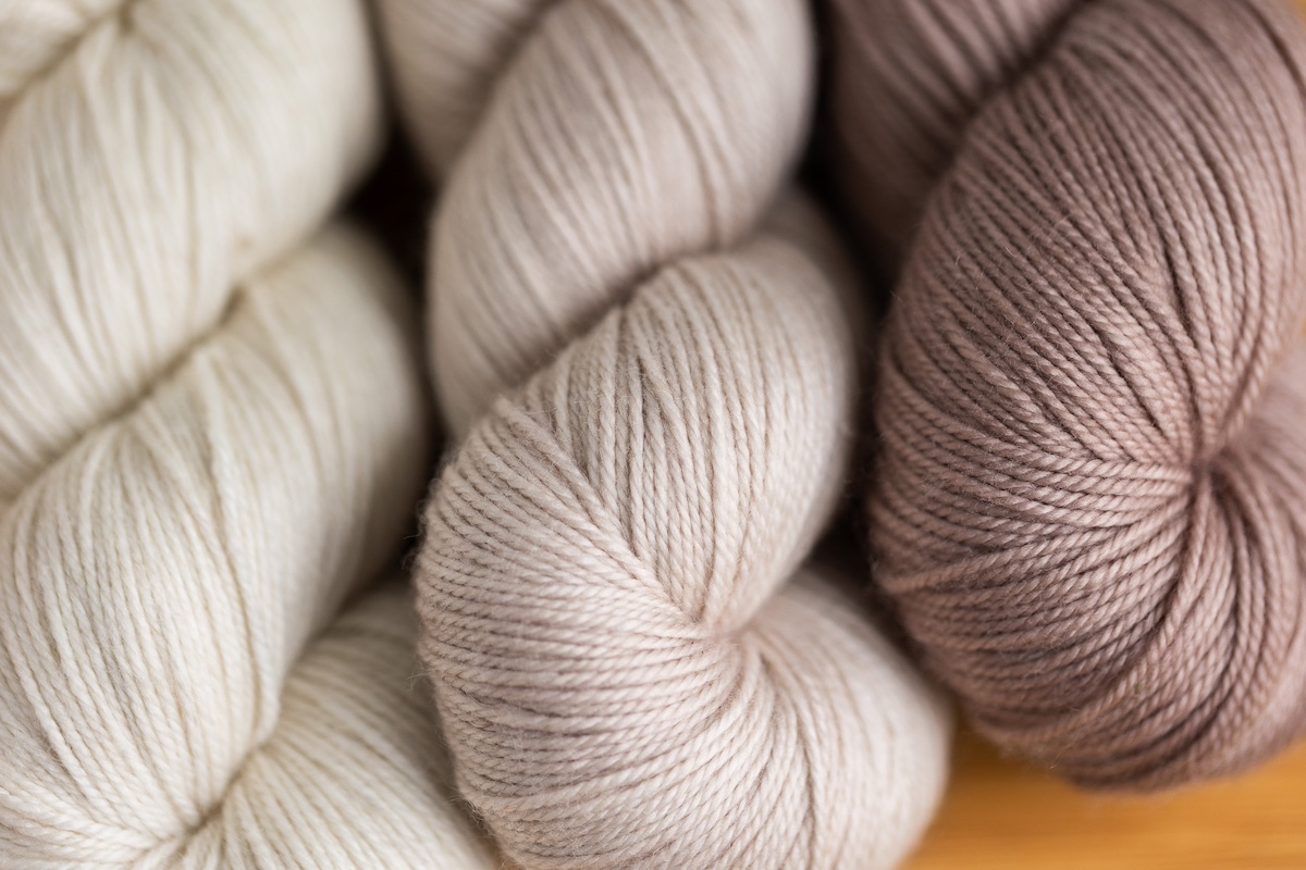 SweetGeorgia CashLuxe Fine in Natural, Birch, and Tumbled Stone.