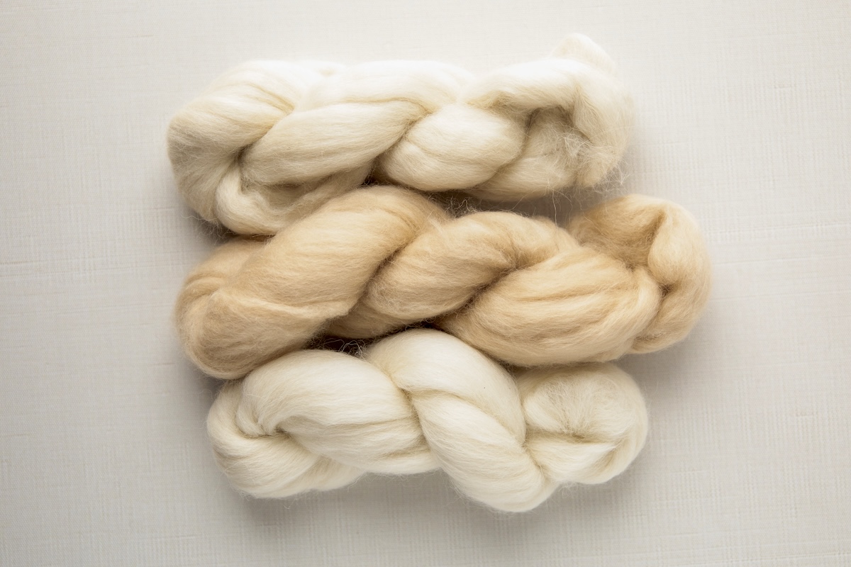 SweetGeorgia Luxury Fibres Kit, from top to bottom: Llama, Camel, Alpaca.